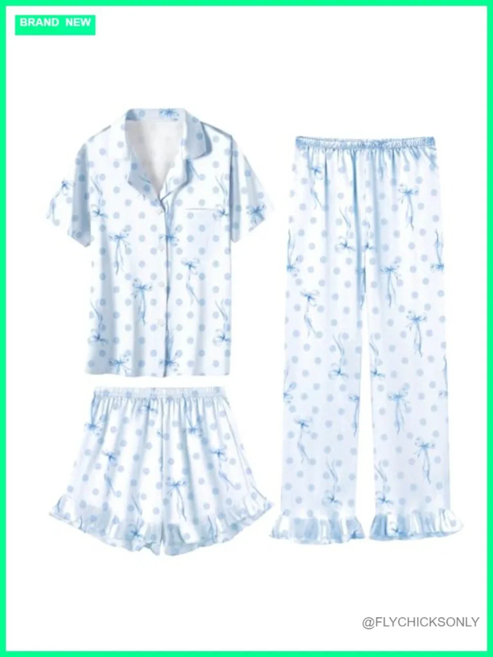 Girls 3 Piece Silk Satin Pajama Set Short Sleeve Ruffle Sleepwear Button Down